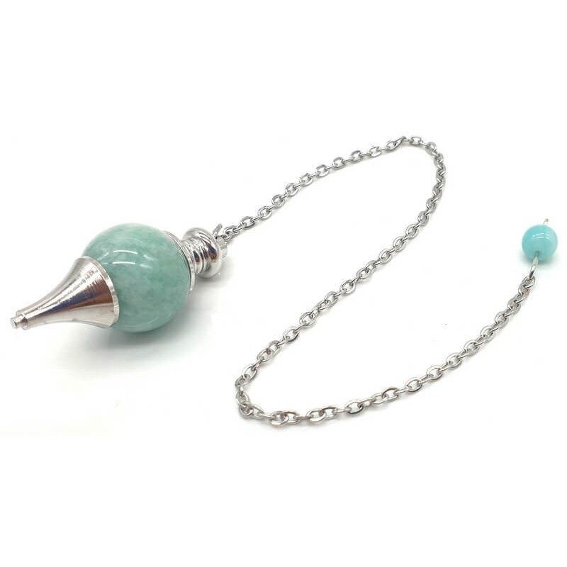 Pendule sphérique en amazonite avec chaîne en métal – outil de radiesthésie et de lithothérapie