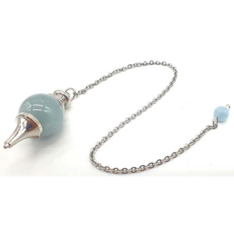 Pendule sphérique en aigue-marine avec chaîne en métal – outil de radiesthésie et de lithothérapie