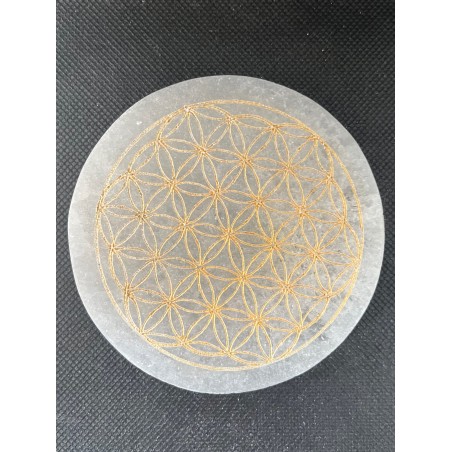 Plaque en Sélénite Ronde avec Fleur de Vie Dorée – Rechargement, Pureté & Énergie Sacrée